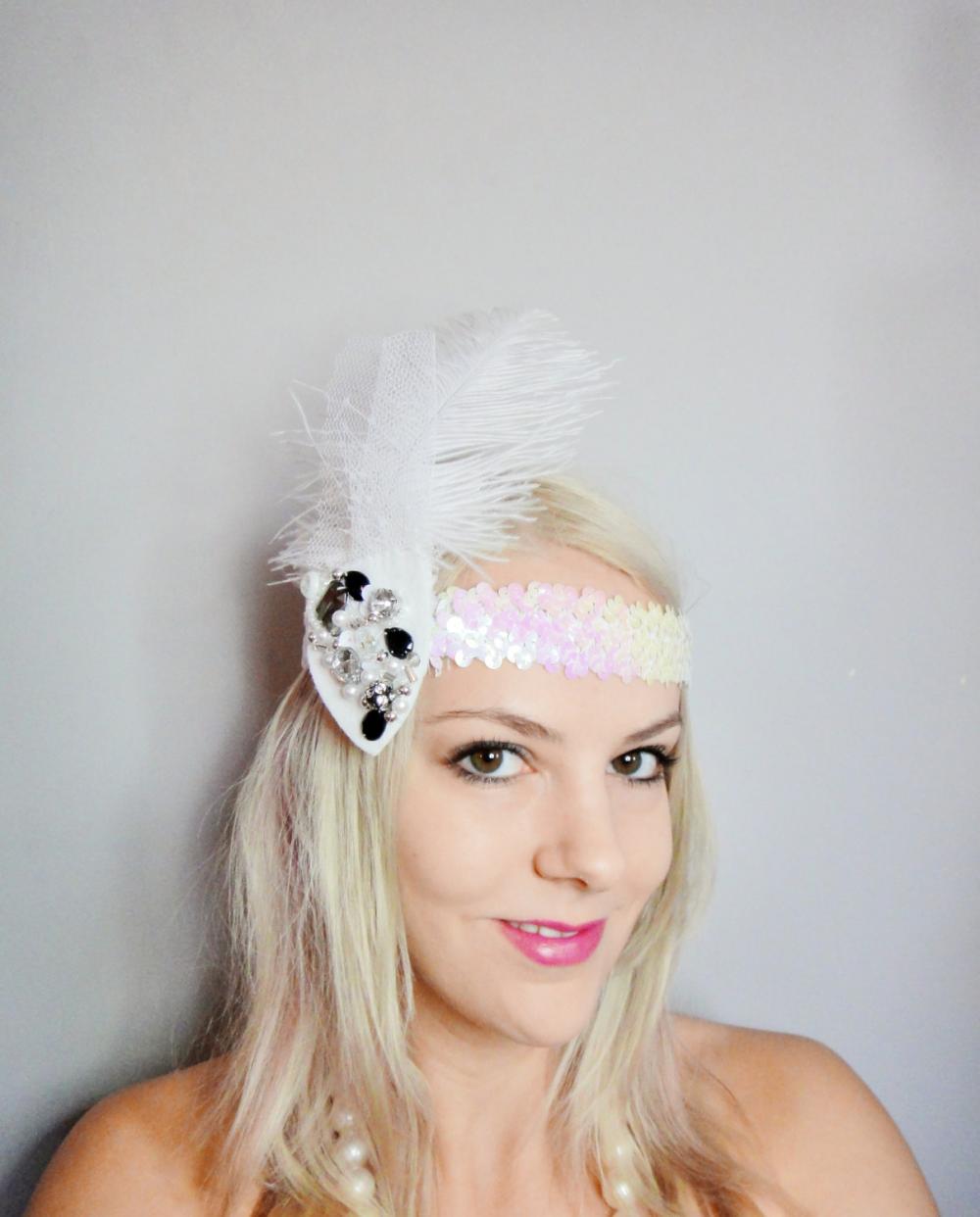1920s Beaded and Tulle Feather White Headband