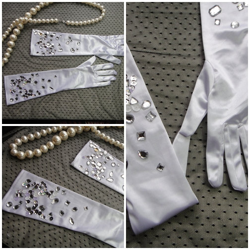 White and Silver Gemstone Elbow Gloves