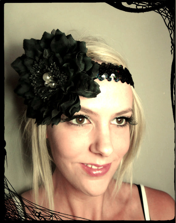 1920s black and pearls flapper headband races