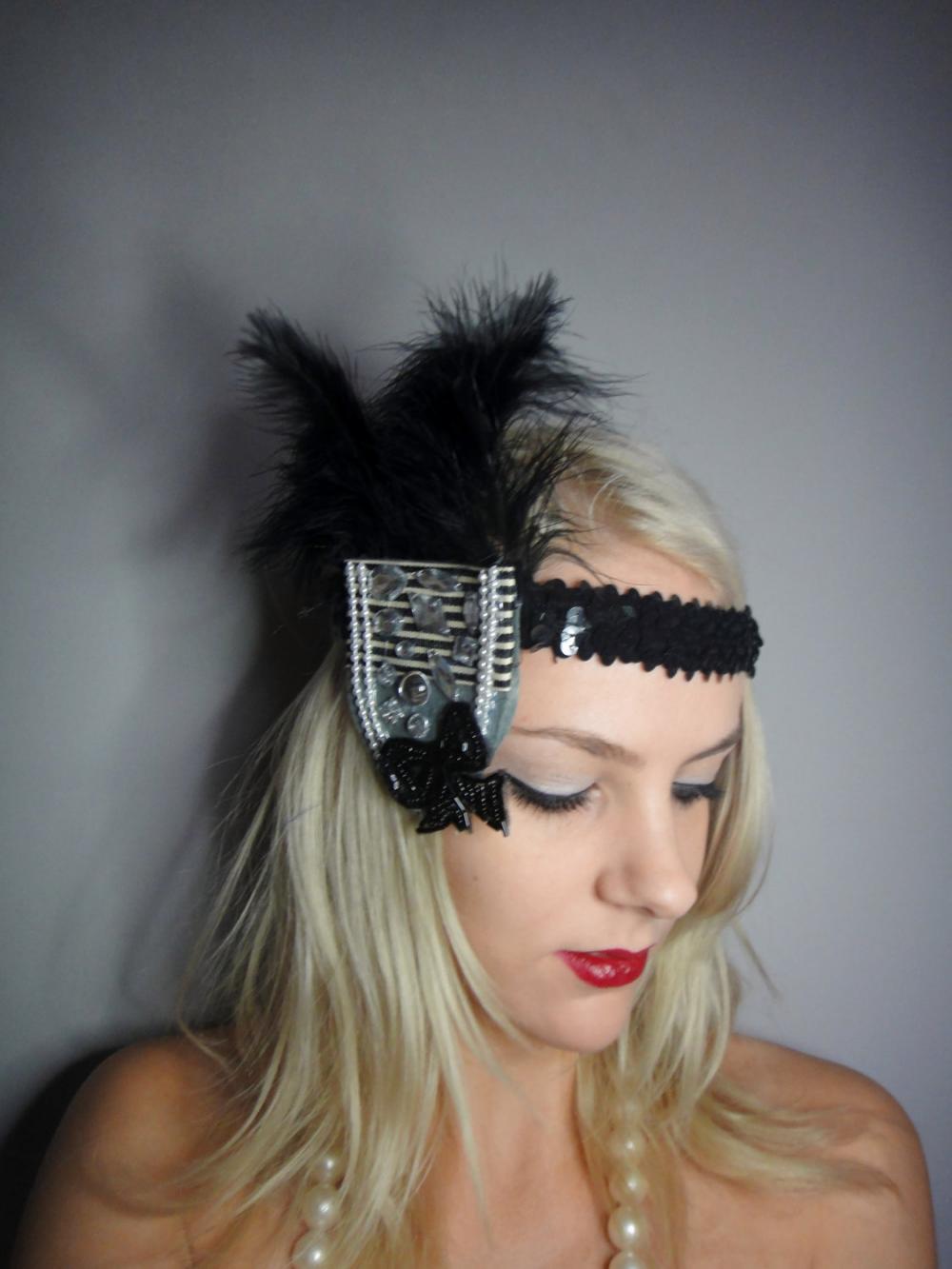 1920s black stripe feather flapper headband