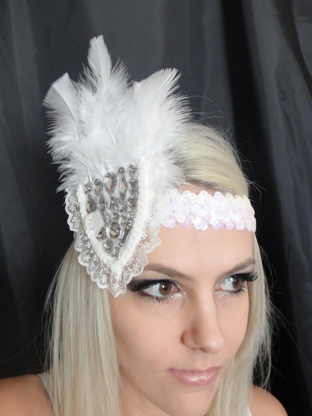White Lace Feather and Gemstone 1920s Headband