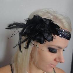 1920s black feather flapper headband races 