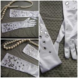 White and Silver Gemstone Elbow Gloves