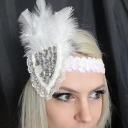 White Lace Feather and Gemstone 1920s Headband