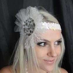 1920s White Headband with Tulle & Gemstones